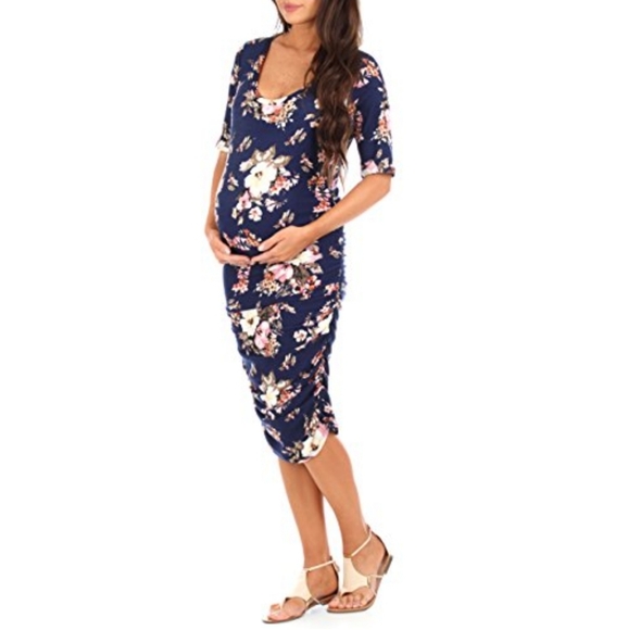 MOTHER BEE FLORAL 3/4 SLEEVES RUCHED STRETCHY COMFORTABLE MATERNITY DRESS XL - Picture 4 of 13